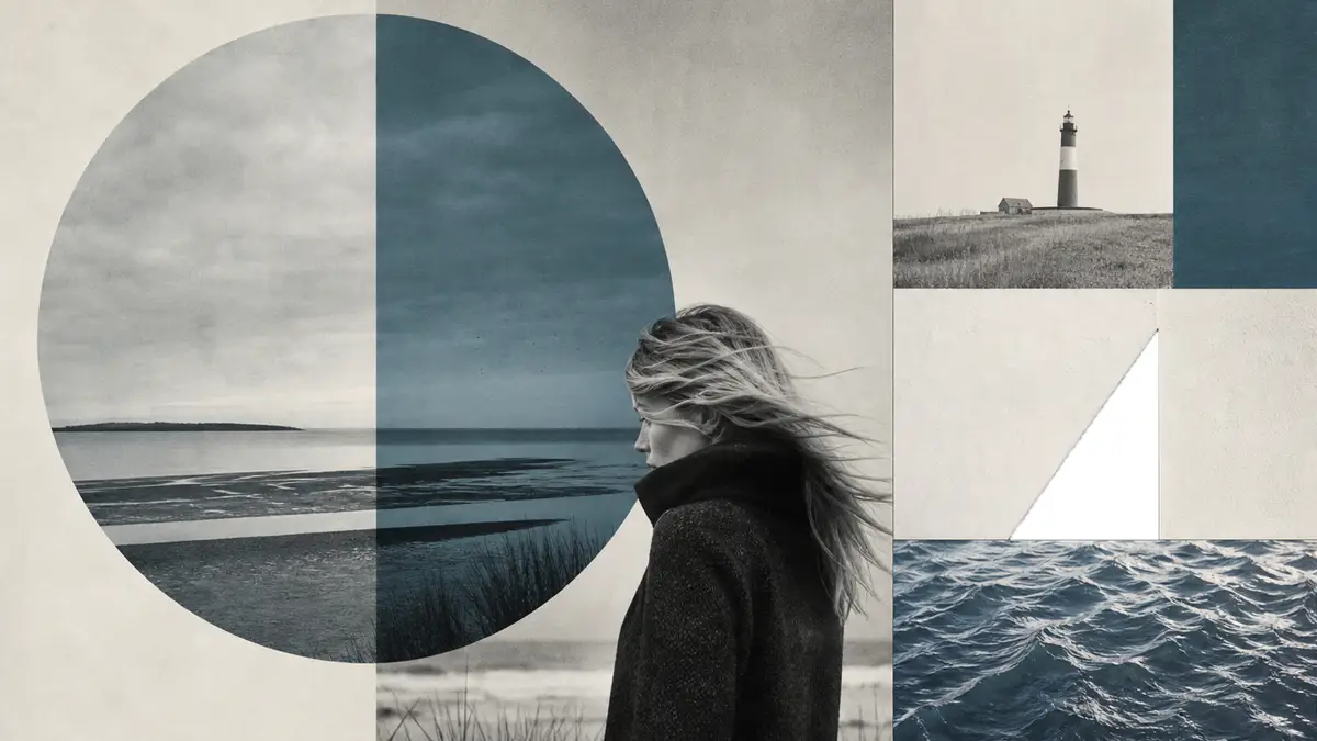 Künstlerische Coolcation Foto-Collage einer Küstenlandschaft mit einer Frau und geometrischen Elementen.