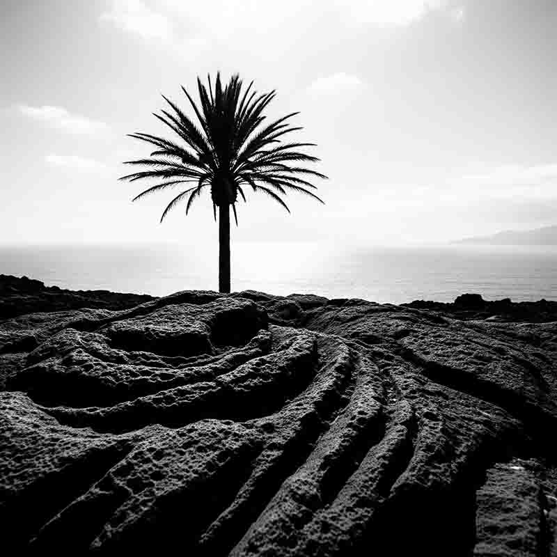 Ein Palmbaum in Schwarz-Weiß, der prominent im Zentrum eines kargen, zerfurchten Lavafeldes der Kanarischen Inseln steht. Die Felsformationen im Vordergrund weisen spiralförmige oder gewellte Texturen auf, die den Baum umgeben. Im Hintergrund erstreckt sich der weite Ozean bis zum Horizont, wo in der Ferne eine vage angedeutete Küstenlinie oder Insel sichtbar ist. Der Himmel ist hell mit einigen Wolken.