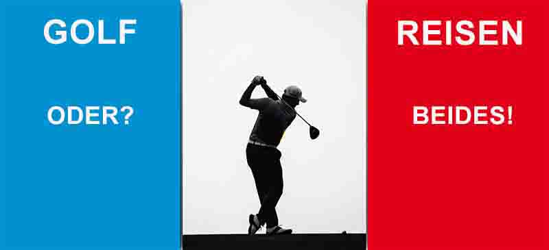 Schwarz-Weiss-Fotografie eines Golfspielers im Rückschwung, eingebettet zwischen zwei farbigen Spalten.