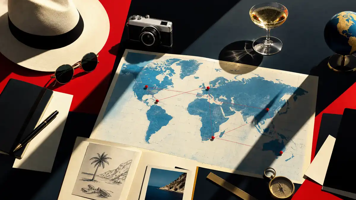 Reiseplanung am Tisch mit Landkarte und Notizen als Sinnbild für individuelle Luxusreiseplanung.