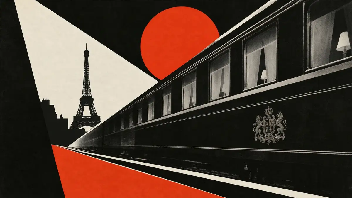 Grafische Illustration des Orient Express, der auf die Silhouette des Eiffelturms in Paris zufährt, gestaltet in einem geometrischen Vintage-Stil in den Farben Schwarz, Weiß und Rot mit einer großen roten Sonne im Hintergrund.