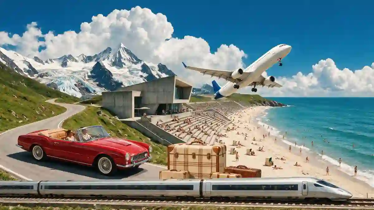 Urlaubscollage, die verschiedene Landschaften und Reisetrends vereint: Ein rotes Cabrio fährt auf einer Bergstraße neben schneebedeckten Alpen, während im Vordergrund ein Hochgeschwindigkeitszug fährt und im Hintergrund ein Flugzeug über einen belebten Sandstrand abhebt.