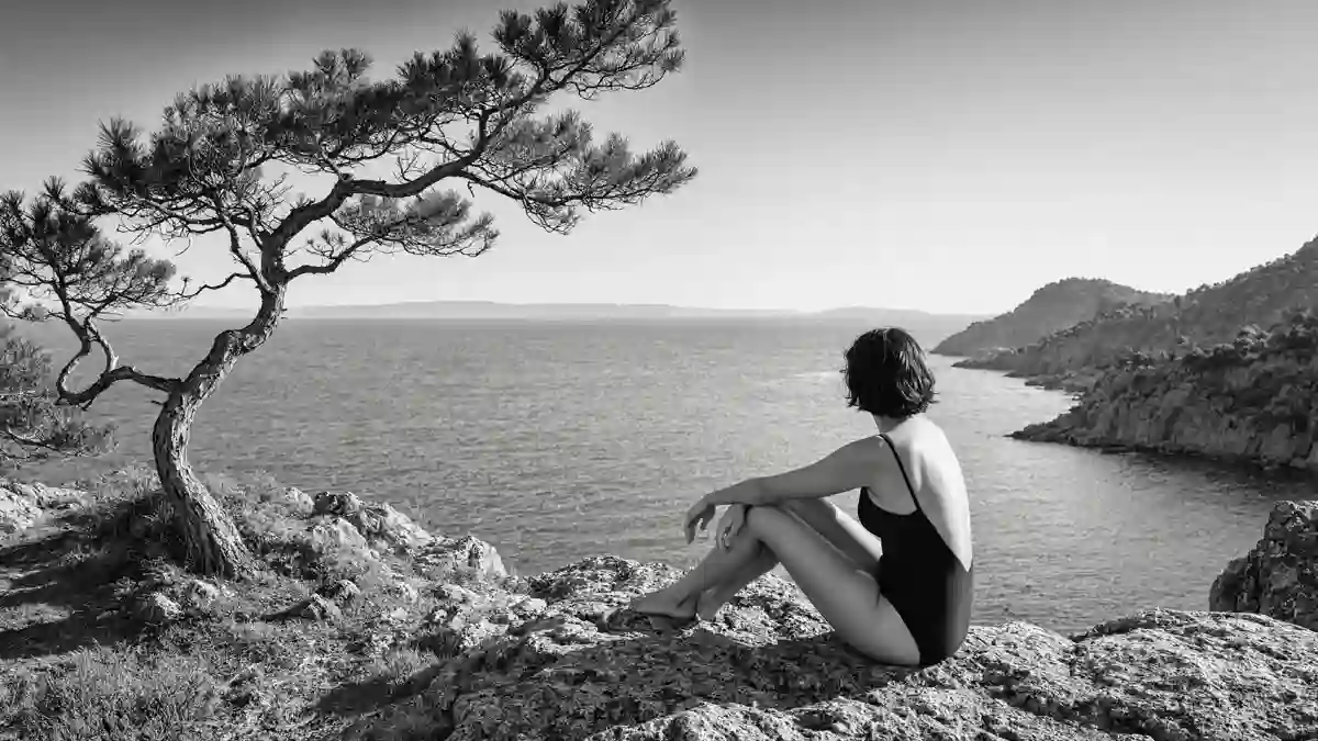 Eine Frau im Badeanzug sitzt auf einer felsigen Klippe am Meer und blickt auf das Wasser, neben ihr steht ein knorriger Kiefernbaum. Schwarz-Weiß-Fotografie.