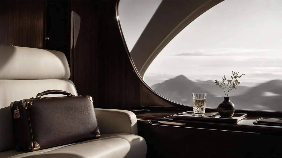 Was ist eine Luxusreise? Persönlicher Service statt Standardprogramm Luxuriöse Privatjet-Kabine mit brauner Leder-Aktentasche auf einem hellen Sitz und Blick durch ein ovales Fenster auf eine Berglandschaft.